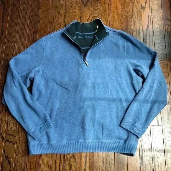 Tommy Bahama Men’s L Heathered Blue 1/4 Zip 100% Cotton Pullover Sweater - Picture 1 of 9